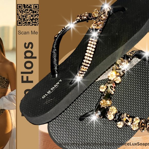 Flip Flops, Leopard, Cheetah Print, Beach Flip Flops, Rhinestones, Shoes, Sandal - Picture 13 of 15